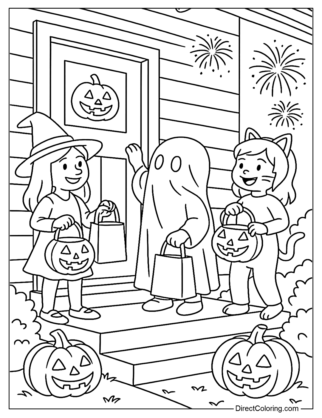 Coloring page of kids dressing up to knock on doors to get candy, house decorated with pumpkins.
